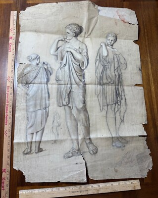 Undated study drawing triptych woman lady classical form Roman? sandals