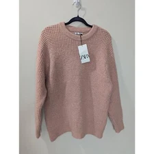ZARA Pink Chunky Waffle Knit Crewneck Sweater NWT 