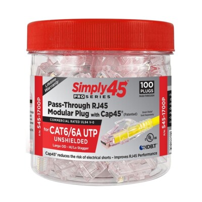 Simply45 ProSeries Cat6/6a Unshielded PassThrough RJ45 Modular Plugs/Cap45-100PK