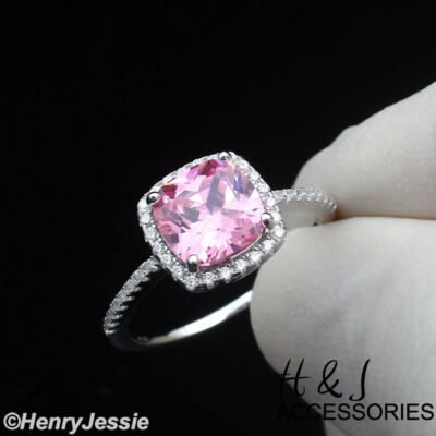 WOMEN SOLID 925 STERLING SILVER ICY PINK CZ SILVER SQUARE ENGAGEMENT RING*R203