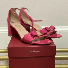 Salvatore Ferragamo Pink Patent Gavina Bow Block Heel Sandal 9.5 Pre-Owned.