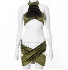 Women Summer Sexy Sleeveless Backless Crop Top+ Ruched Mini Skirts 2PC Set #S15