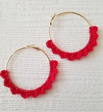 Hoop Red Lace Earrings Valentines Day Gold Plated 60mm Handmade 27-18B3