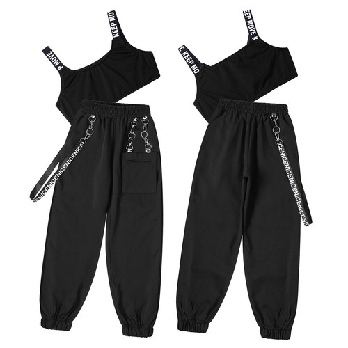 Kids Girls Crop Top With Pants Gym Dance Outfit Hip-Hop Sports Suit Metal Chain - Picture 25 of 44