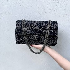 RARE☆☆☆☆☆☆Auth CHANEL Rhinestone CC LOGOS Classic Chain Shoulder Flap Bag Black