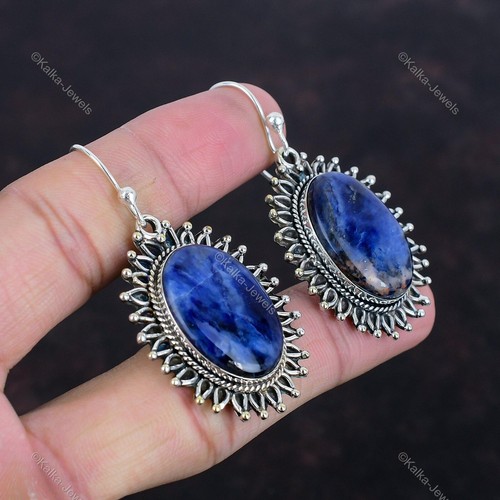 Mothers day Deal 925 Sterling Silver Natural Sodalite Drop Dangle Boho Earrings - Picture 5 of 7