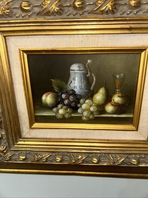 Small Oil Painting Still Life Fruit Porcelain Jug Glass Heavy Carved Frame