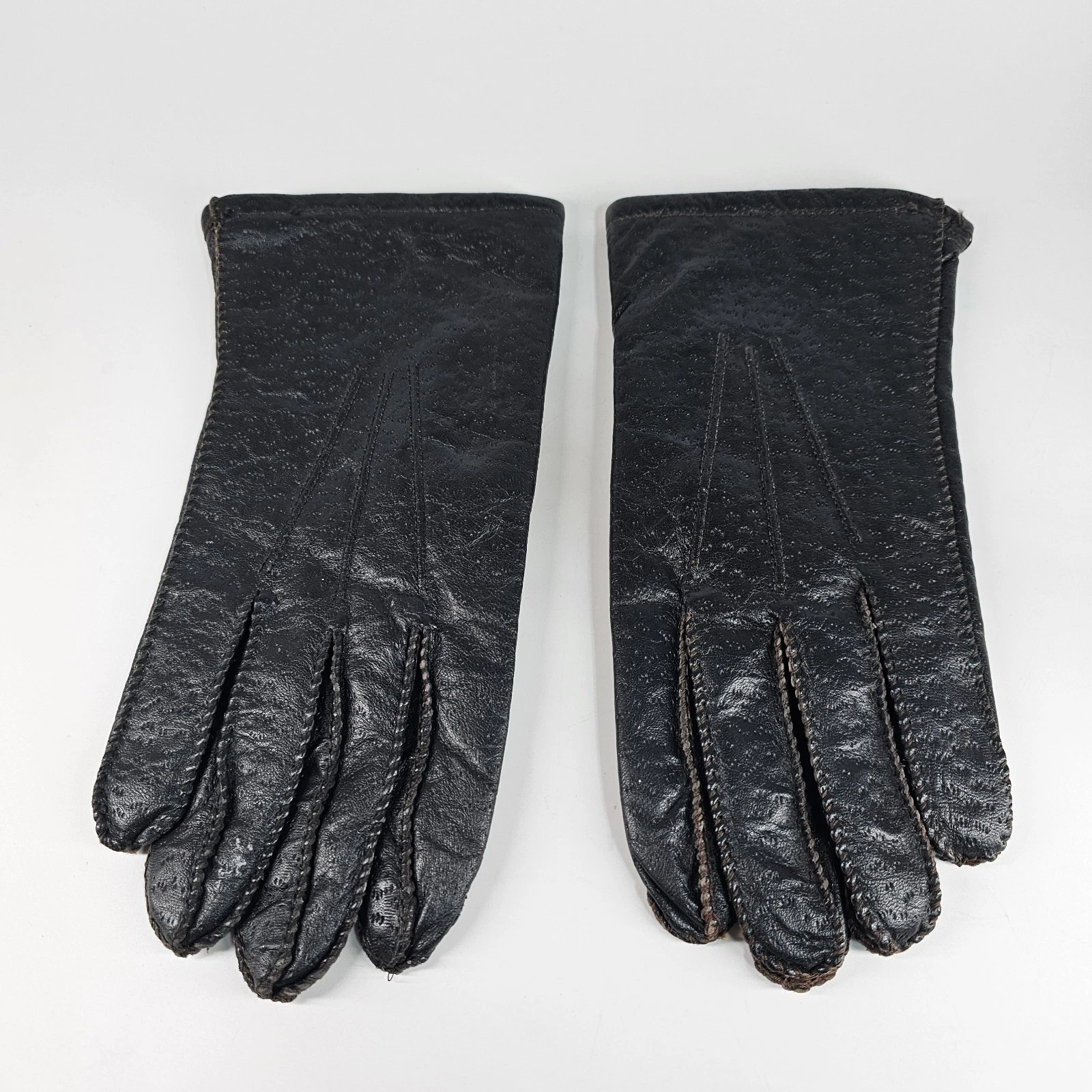 Vtg Peccary Embossed Lined Gloves Mens Small Textured Brown Leather Faux Fur