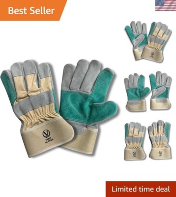Leather Palm Work Gloves, Natural Split Leather, Green Reinforcement, Rubberi...