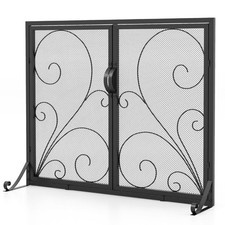 96x78cm Double Door Fireplace Guard Flat Fire Screen with Magnetic Panels Black