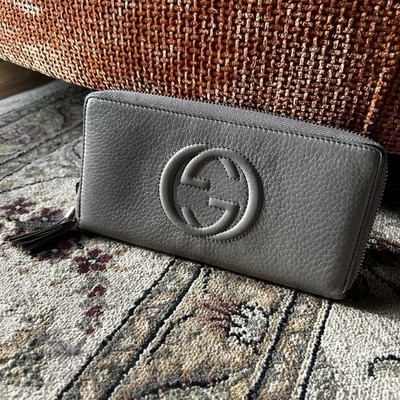 Gucci Soho Interlocking Tassel Zip Around Wallet Long Calfskin Leather Gray