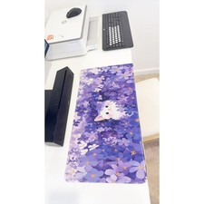 Purple Floral Cat Large Gaming Mouse Pad 23.6"x11.5" Non-Slip Desk Keyboard Mat