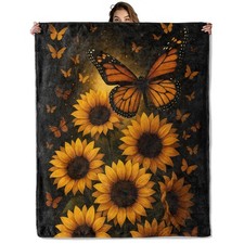 Sunflowers Monarch Butterflies Blanket Flannel Throw Lightweight Cozy 50x60 Inch