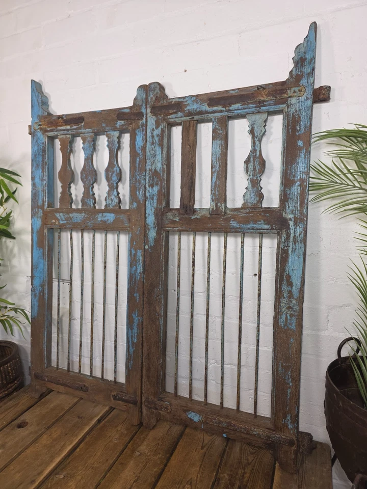Old Pair Vintage Reclaimed Indian Wooden Iron Doors Shutters Garden Gates Screen - Image 2 of 4