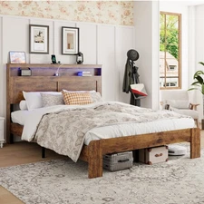 Queen Wood Platform Bed Frame w/Storage Headboard, USB Ports, Dark Brown