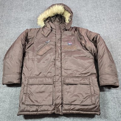Phat Farm Jacket Mens Large Brown Hooded Faux Fur Trim Puffer