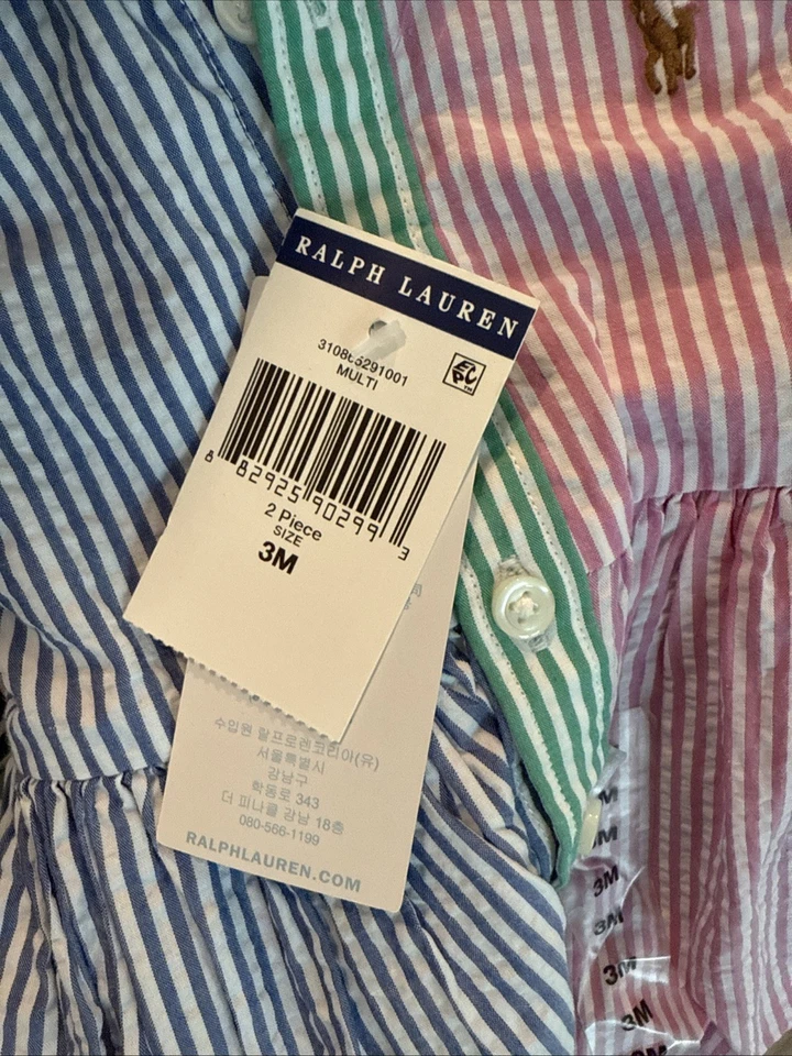 RALPH LAUREN Baby Girl Patchwork Seersucker Dress, Size 3 Month, Pastel Hues NWT - Image 2 of 3