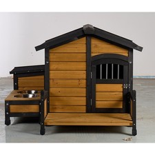 Large Wooden Dog House with Storage and Feeding Station, Outdoor Kennel, Asphalt