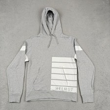 Helmut Lang Hoodie Mens XS Gray Stripe Logo Graphic Designer Cotton Pullover