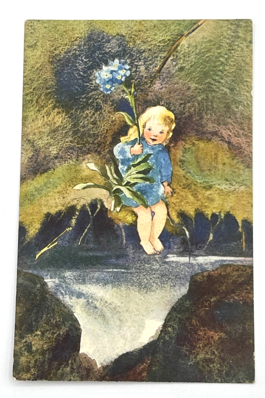 Switzerland Postcard Child with Flower Waterfall Art Signed M. No. 42
