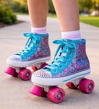 Skechers Twinkle Toes Roller Skates Girls Size 4 Quad Pink Wheels Glitter Hi Top