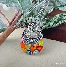 Murano Style Floral Glass & Stainless Steel Pendant Necklace Multi-Color 20-22in