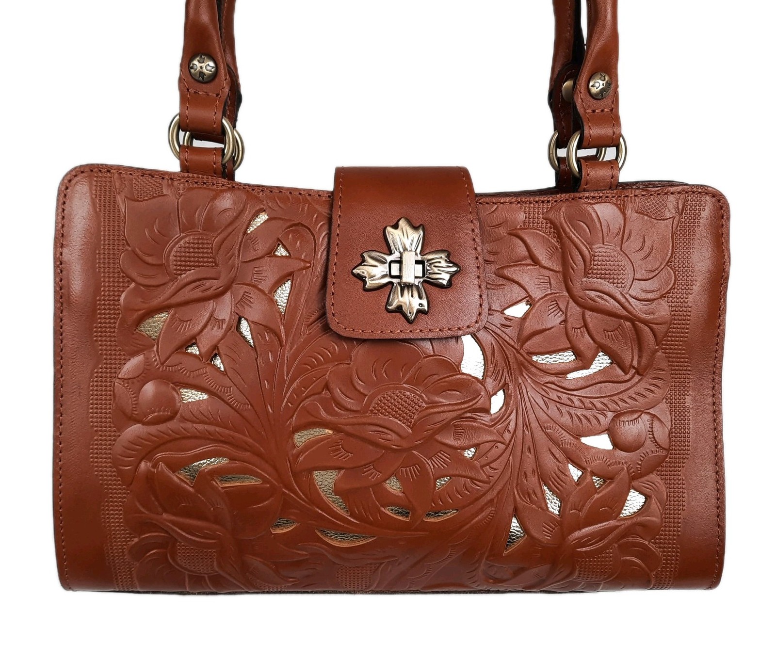Patricia Nash Rosina Handbag Cutout Tooled Embossed Tan Leather Shoulder Bag