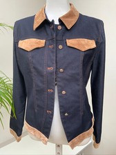 Designer Betty Barclay Dark Denim Tan Suede Stretch Fitted Jacket Uk12 Bnwot