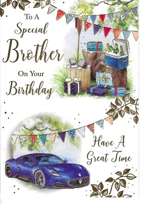 XPRESS YOURSELF BROTHER HAPPY BIRTHDAY GREETING CARD 7"X5" BLUE CAR, HAVE A GREAT TIME