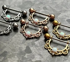 PAIR Opal Center Filigree Drop Nipple Shields Rings Body Jewelry 14g or 16g