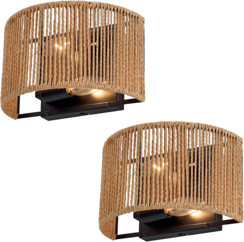 Rattan Boho Decor Wall Sconce Set of Two, Wall Hanging Lamps with Hand Woven Hem