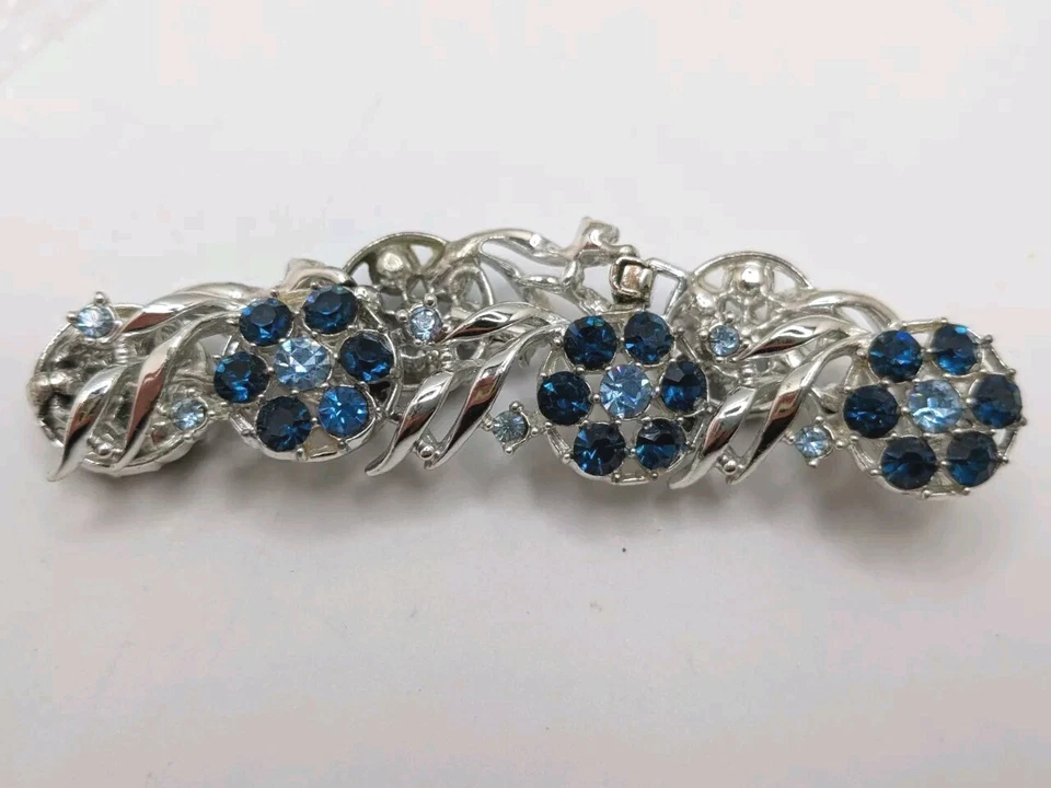 Vintage Silver Tone Floral Blue Rhinestone Snap Closure Bracelet 6.75" - Image 2 of 4