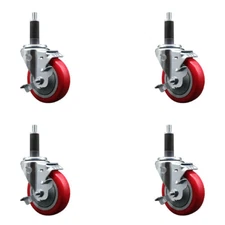 4 Inch Red Poly Swivel 1 Inch Expanding Stem Caster Set with Brake SCC