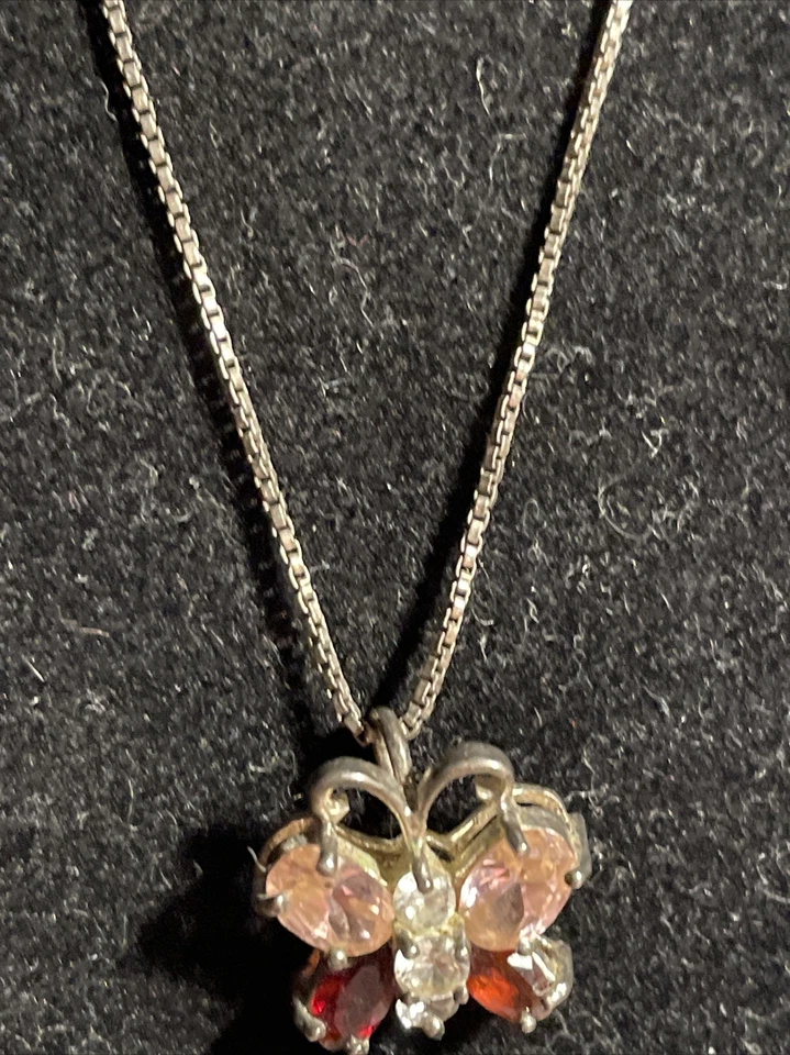 Collar de plata de ley 925 con tono plata mariposa rosa, rojo, piedras transparentes20 Foto 4 de 4
