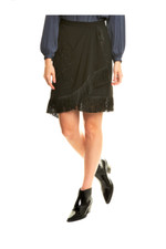 HALSTON HERITAGE-BLACK FRINGE MINI SKIRT-LAYERED FRONT-FLORAL EMBROIDERY-4-NWT