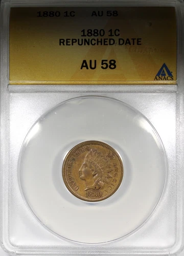 1880 Indian Head Cent ANACS AU58 Repunched Date Circulated