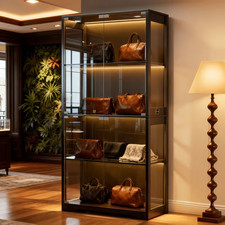 Modern 4-Tier Glass LED Display Cabinet Motion Sensor Lighting Wood Frame