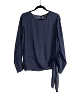 Simply Vera Wang L Blouse Blue Pullover Tied Long Sleeve Top Tunic Blouse Silky