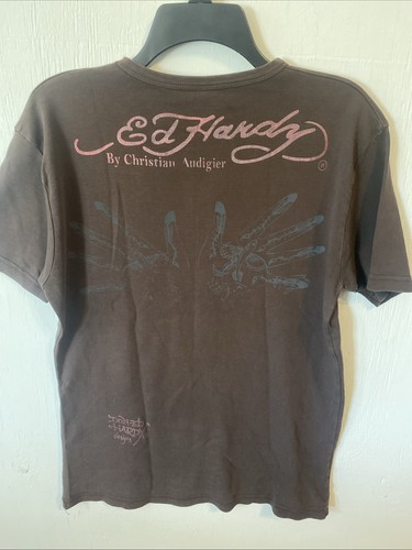 Ed Hardy Auth VTG Y2K M brown T-shirt Swarovski crystals rare hard to find - Picture 5 of 7