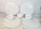 4 Hazel Atlas Tree of Life Milk Glass Snack Plates & Cups Dinner Plate Trees Vtg
