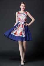 Floral Print Color Block Pleated Chiffon Skater Dress Perfect For Summer