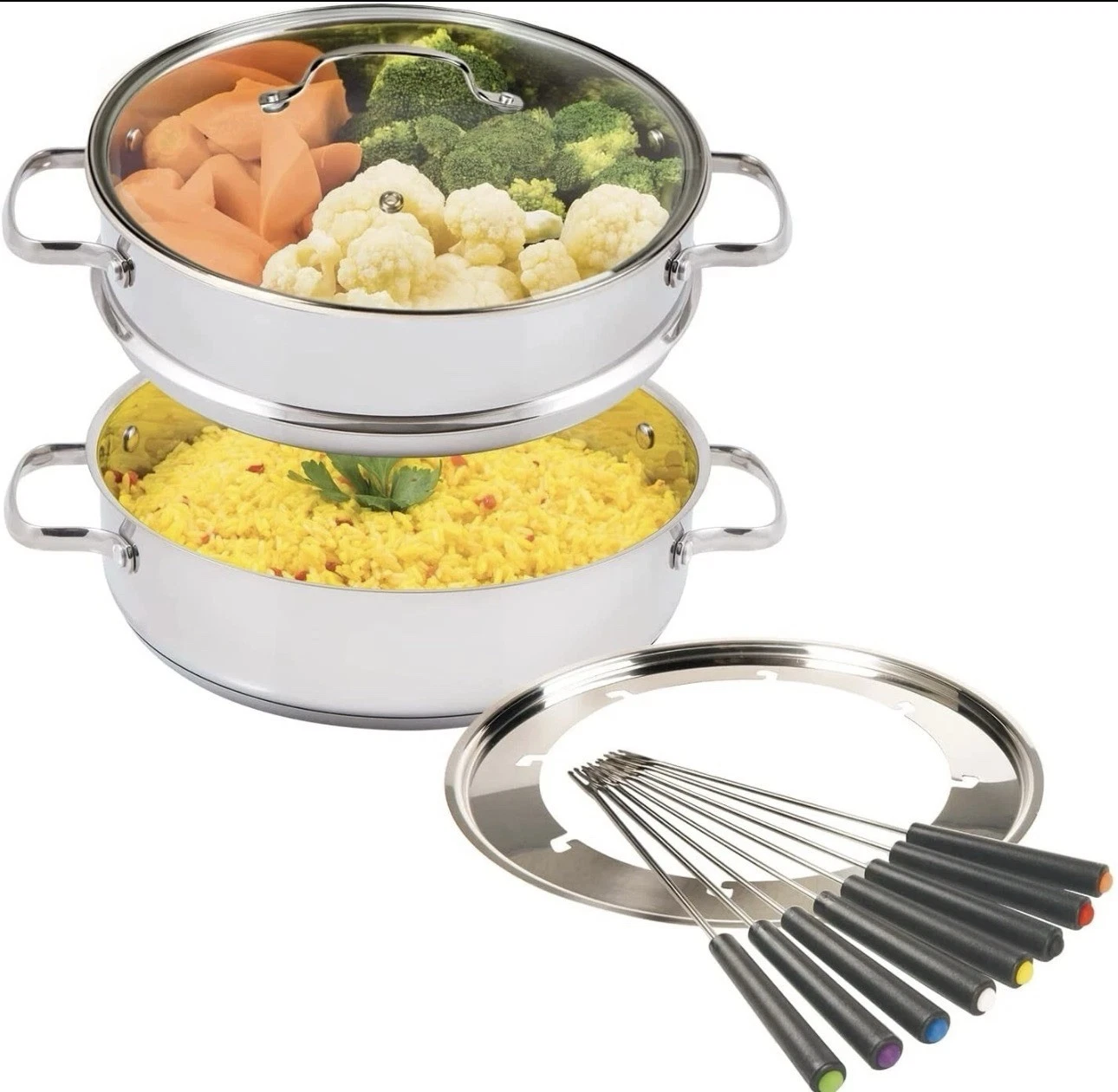 Stainless Steel Complete 2-Tier Steamer Pot Set NuWave Cookware Model 32003AL