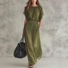 Women's Chiffon Maxi Dress Ruched High Waist Elegant Short Sleeve Dress