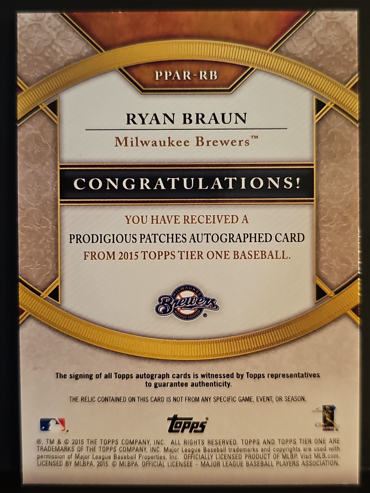 2015 Topps Tier One Prodigious Patches Platinum Ryan Braun AUTO PATCH BREWERS /5 view 2