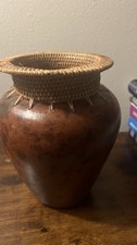 Handmade Rustic Wood  Wicker Vase Brown Tan Woven Basket Rim Textured