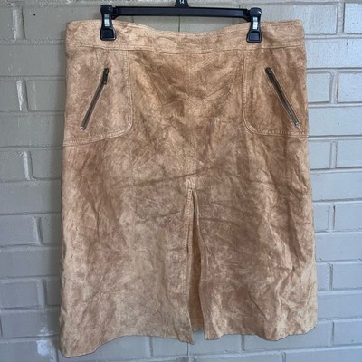 Tan Genuine Suede Leather Knee Length Skirt Front Pleat 14