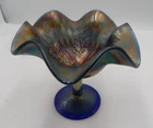 Vintage Fenton Cobalt Blue Iridescent Rib & Holly 5” Carnival Glass Compote