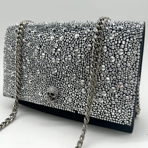 Alexander McQueen Skull Crystal Rhinestone Chain Crossbody Shoulder Bag Black