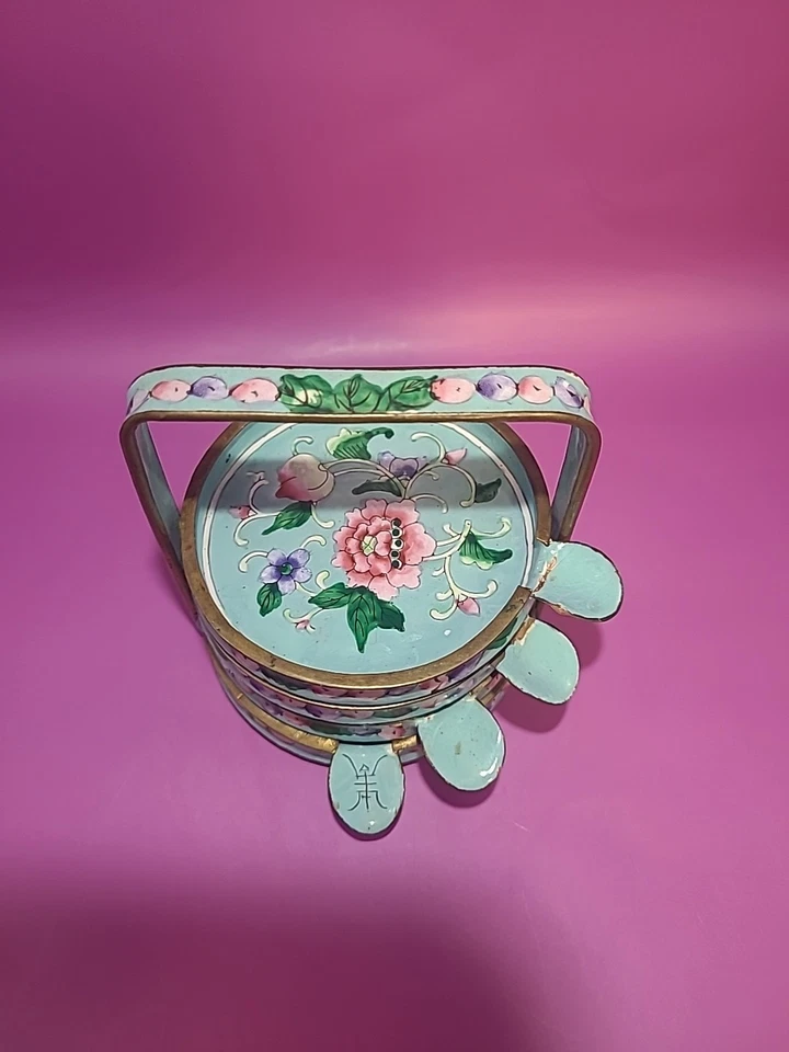 "Ceniceros apilables chinos Cloisonne esmalte y cobre Famille Rose 3,3/4"" X 3""" Foto 2 de 4