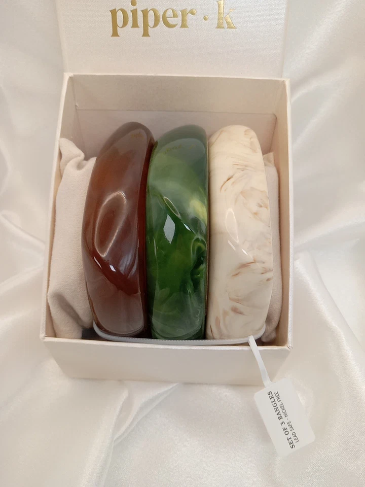 Juego de 3 brazaletes para mujer Piper-K Chunk'y mármol ámbar/verde y crema Foto 2 de 4